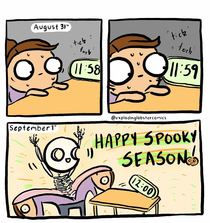 Person anxiously watching a clock at midnight on September 1st, celebrating spooky season in exploding lobster comics style.