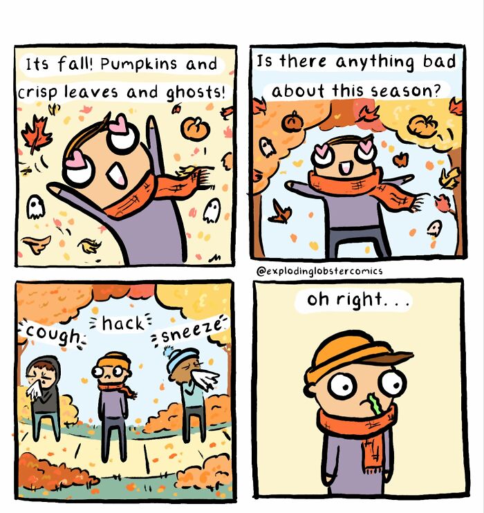 Comic strip from Exploding Lobster comics showing autumn scenes with pumpkins, leaves, and characters dealing with seasonal allergies.
