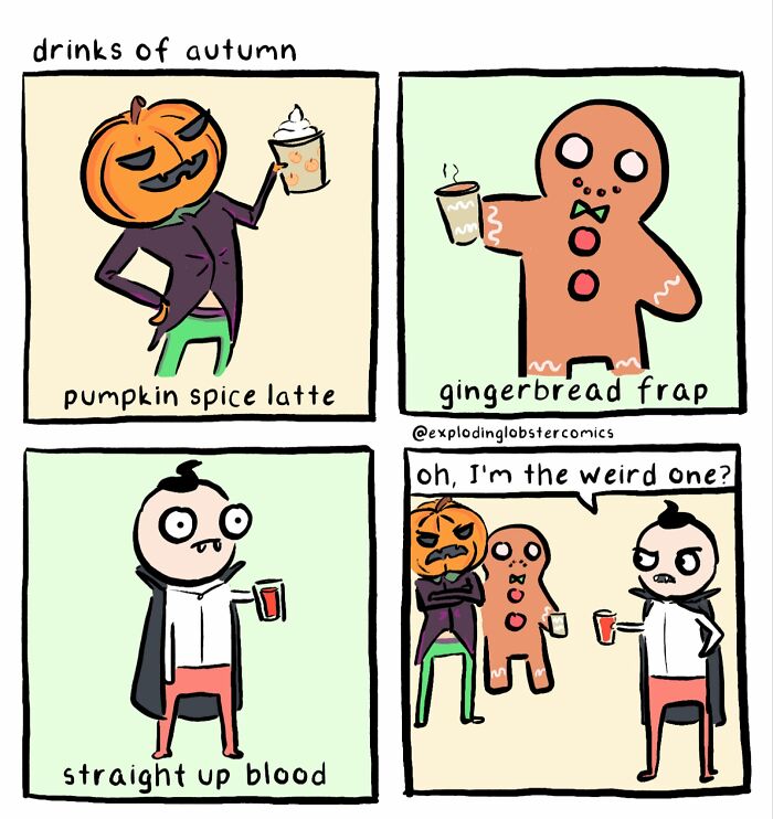 Cartoon featuring Halloween characters enjoying drinks of autumn with cozy seasonal vibes from Exploding Lobster comics.