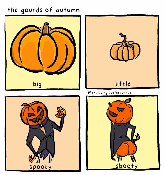 Cartoon pumpkins labeled big, little, spooky, and sbooty in an Exploding Lobster comic with autumn and Halloween themes.