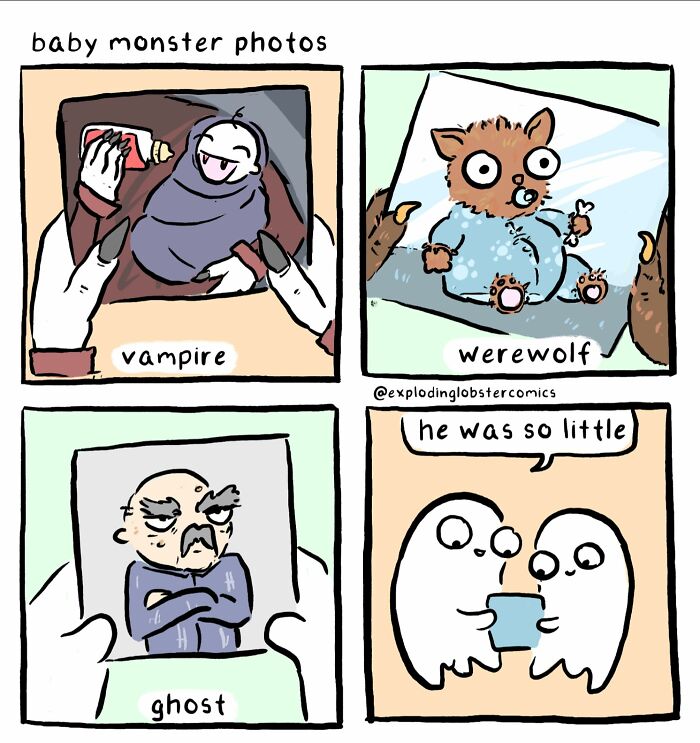A comic strip by Exploding Lobster showing baby monster photos of a vampire, werewolf, ghost, and two ghosts sharing a photo.
