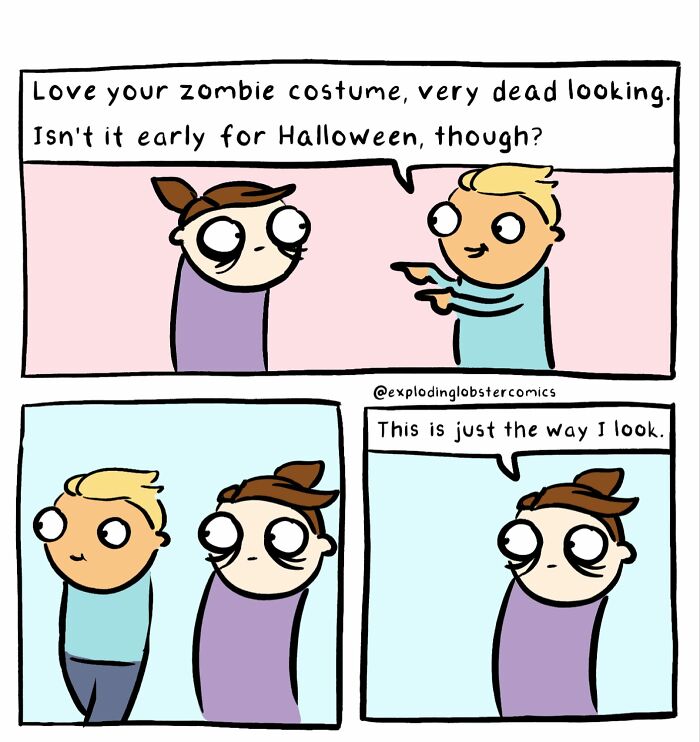 Exploding Lobster comic panel with two characters, one complimenting a zombie costume and a humorous Halloween pun.