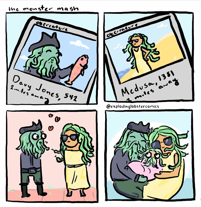 Cartoon comic panels from Exploding Lobster comics featuring Halloween characters with cozy autumn vibes and humor.