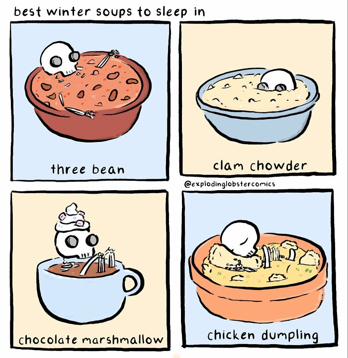 Cartoon skeleton characters cozying up in bowls of autumn soups, illustrating Exploding Lobster comics with Halloween and fall vibes.