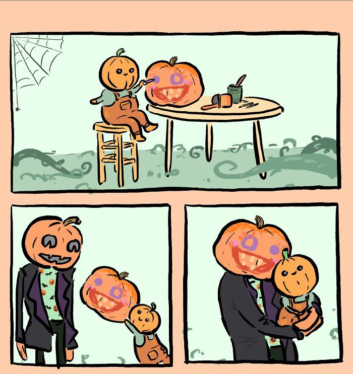 Pumpkin-headed characters share cozy autumn energy in a playful comic art style with Halloween-themed exploding lobster humor.