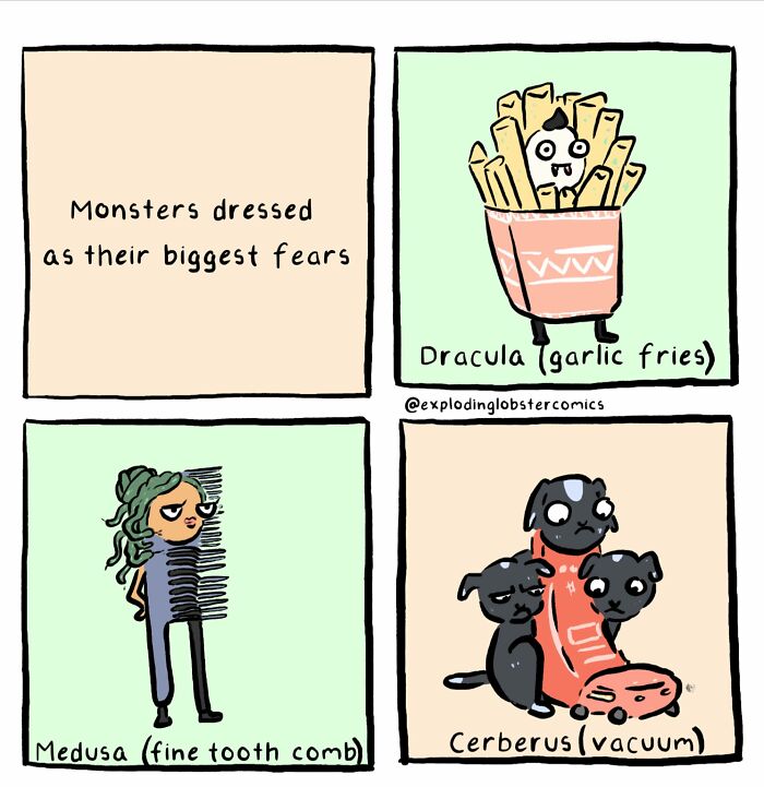 Comic panel from Exploding Lobster showing monsters dressed as their biggest fears like garlic fries and a fine tooth comb.