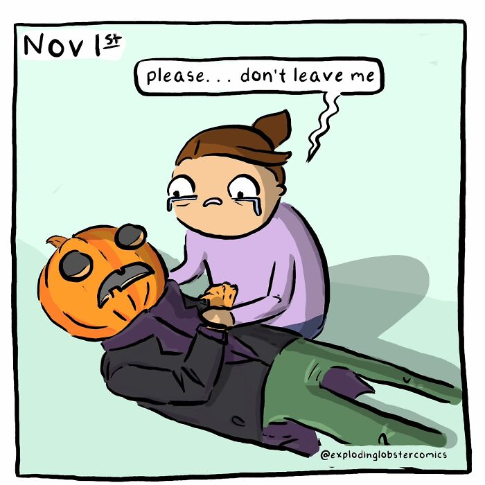 A comic panel showing a person tearfully holding a character with a pumpkin head saying please don’t leave me, Halloween theme.