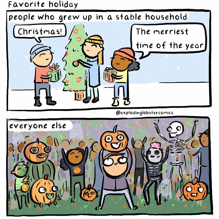 Comic showing people with gifts decorating a Christmas tree versus others in Halloween pumpkin and skeleton costumes, cozy autumn energy.