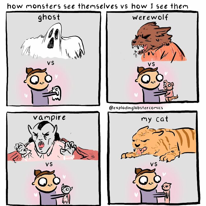 Comic panels from Exploding Lobster showing monsters like ghosts, werewolves, and vampires vs how the artist sees them humorously.