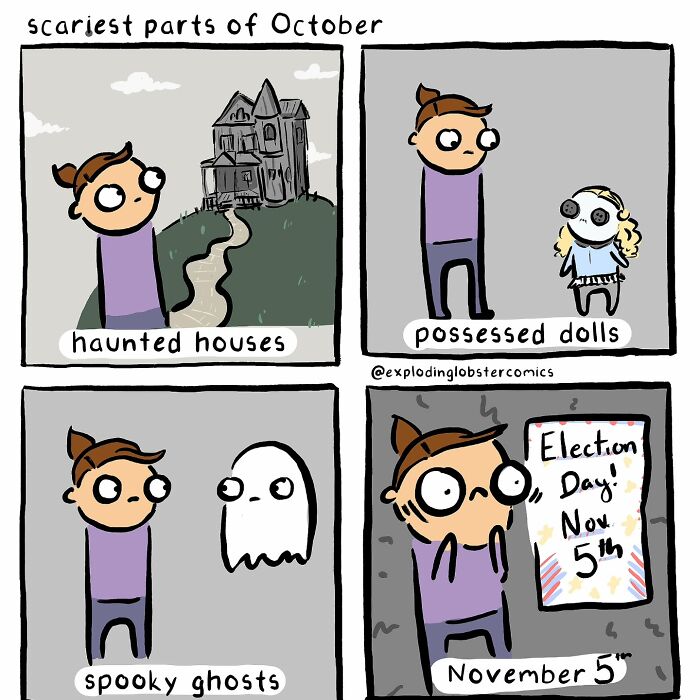 Comic panels from Exploding Lobster showing Halloween scares like haunted houses, possessed dolls, ghosts, and Election Day fears in autumn.