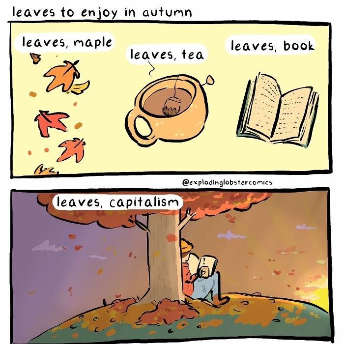 Autumn leaves, tea, book, and capitalism with cozy sunset scene from Exploding Lobster comics capturing autumn energy.