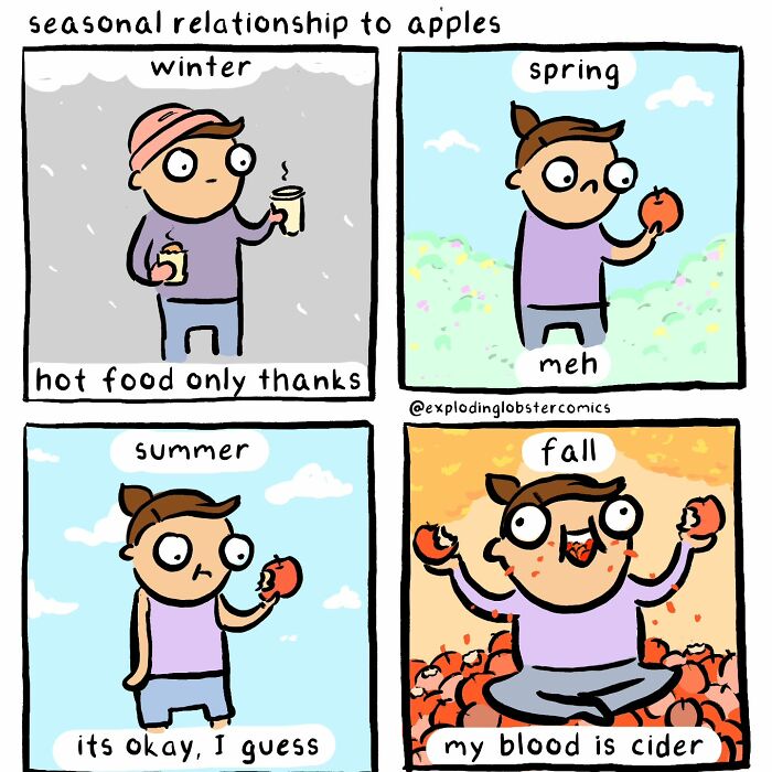 Comic by Exploding Lobster showing seasonal feelings about apples through winter, spring, summer, and fall panels.