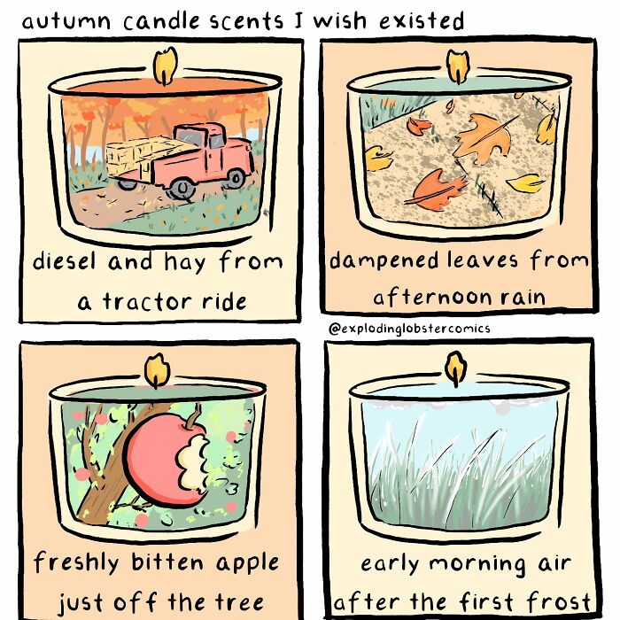 Illustration of cozy autumn candles with scents like tractor hay, damp leaves, bitten apple, and frosty morning air by Exploding Lobster comics.