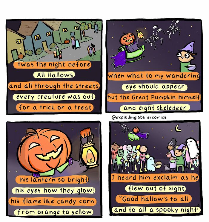 Halloween-themed comic panels by Exploding Lobster featuring pumpkin characters and spooky autumn scenes for cozy seasonal laughs.