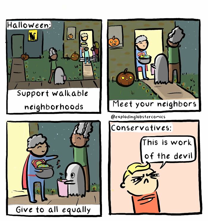 Halloween-themed Exploding Lobster comic showing neighbors sharing candy and contrasting political views on trick-or-treating.