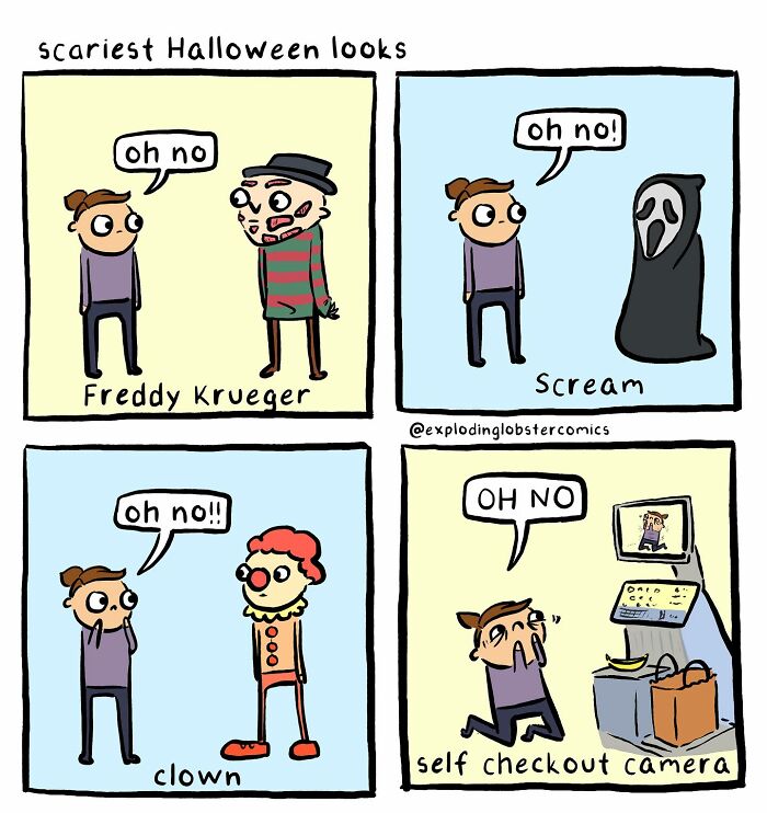 Comic panels by Exploding Lobster showing Halloween scares including Freddy Krueger, Scream, clown, and self-checkout camera.