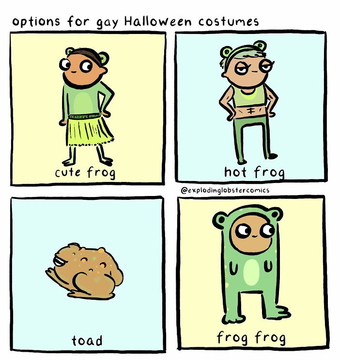 Cartoon comic by Exploding Lobster showing four fun Halloween frog costume options with cozy autumn energy and laughs.