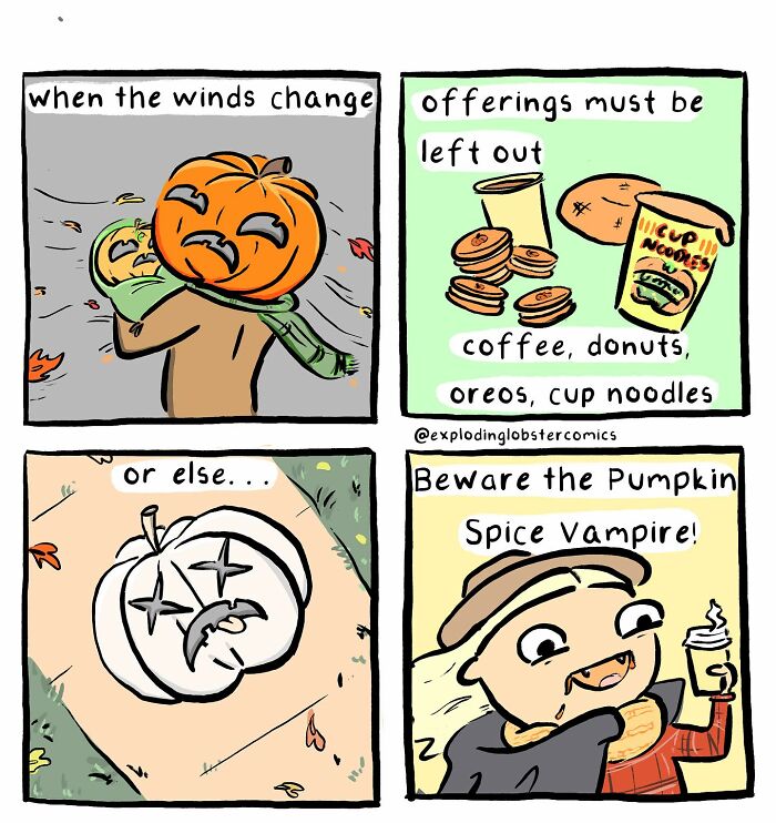 Comic panels from Exploding Lobster comics showing pumpkin spice vampire and autumn offerings like coffee and donuts.
