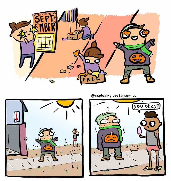 Comic strip from Exploding Lobster comics showing cozy autumn scenes and Halloween-themed outfits with pumpkin designs.