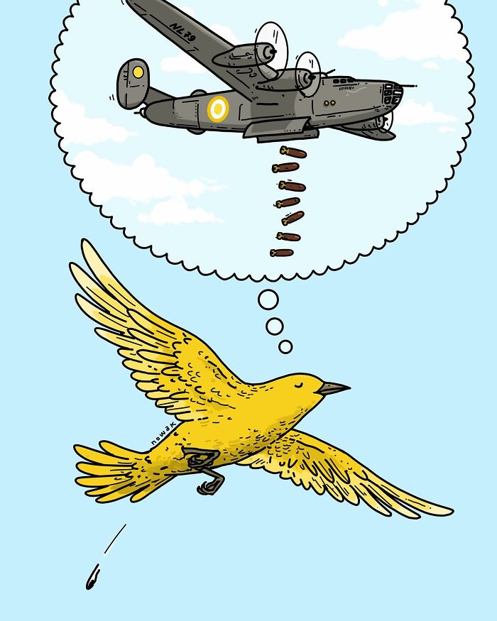 Yellow bird flying while imagining a bomber plane dropping bombs in a humorous one-panel comic style.