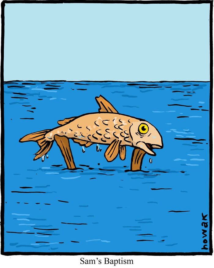 Humorous one-panel comic showing a fish standing on wooden legs above water titled Sam's Baptism.
