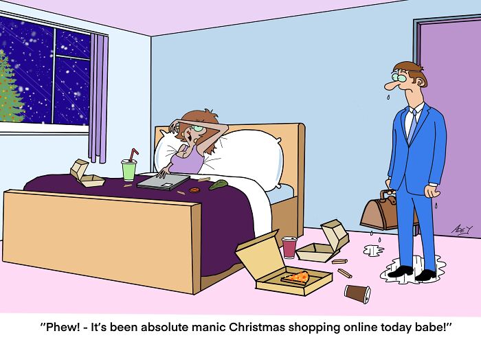 Woman in bed exhausted from Christmas shopping online, man in suit standing amid messy room in a funny Christmas cartoon.