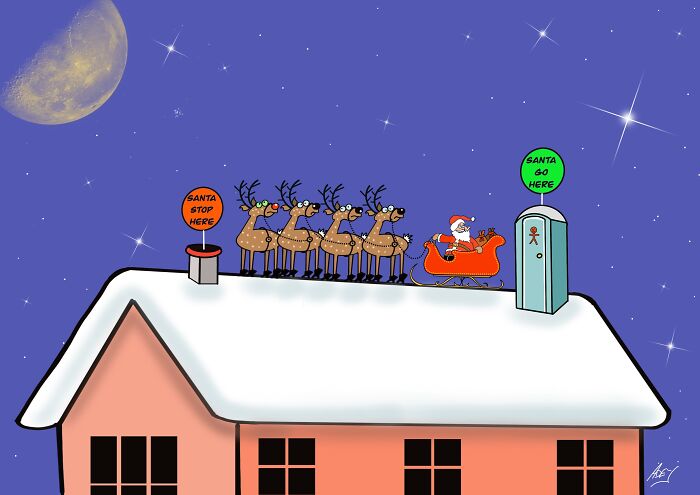 Cartoon of Santa and reindeer on a snowy rooftop with humorous holiday signs in a festive Christmas cartoon style.