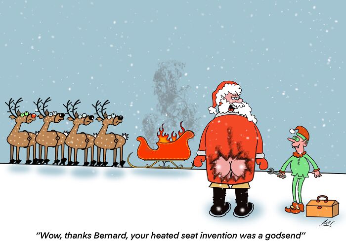 Santa with a burnt red coat standing next to a laughing elf and reindeer, showing a funny Christmas cartoon scene.