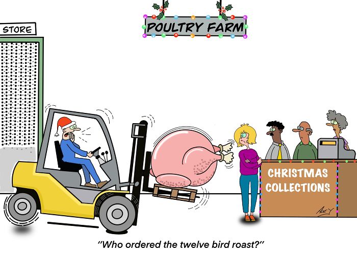 Cartoon showing funny side of Christmas with a giant turkey roast delivered at a poultry farm Christmas collection point.