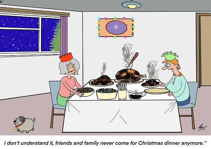 Two cartoon characters at a holiday table with burnt food, showing the funny side of Christmas cartoons.