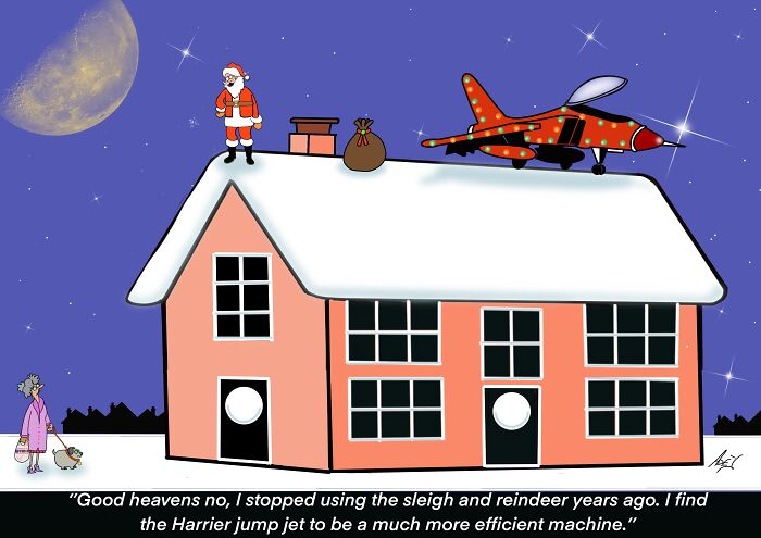 Cartoon of Santa using a Harrier jump jet on a snowy rooftop, showing the funny side of Christmas holidays.