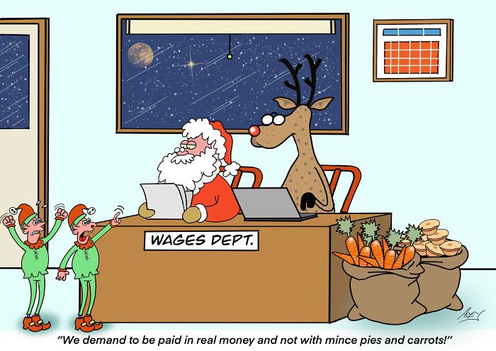 Santa and reindeer working on laptops in wages department with elves demanding real money in a funny Christmas cartoon.