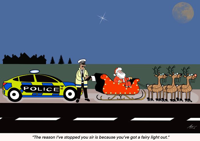 Police officer beside Christmas cartoon Santa in sleigh with reindeer, showing the funny side of the holidays at night.
