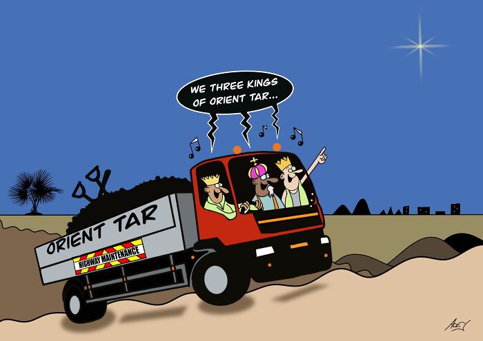 Humorous Christmas cartoon showing three kings singing in a highway maintenance truck under a bright star.