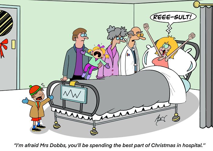Cartoon showing a humorous Christmas hospital scene with a woman in bed and family reacting, highlighting Christmas cartoons.