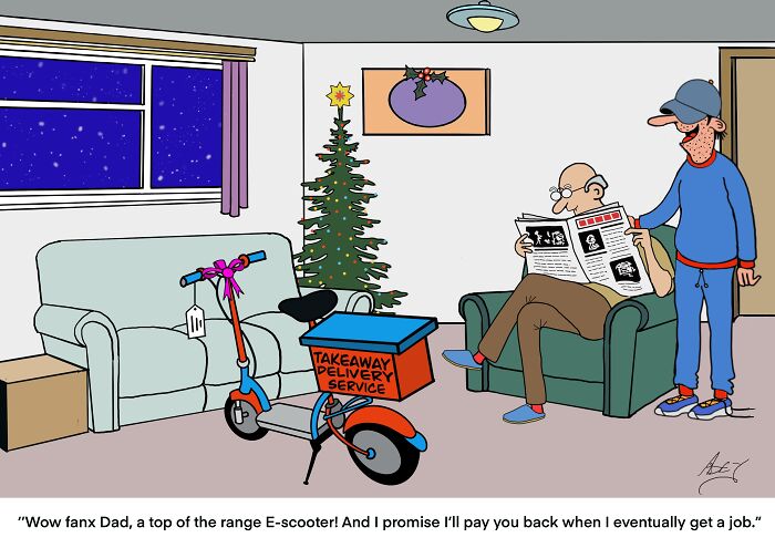Cartoon of a father and son with a Christmas tree and a takeaway delivery e-scooter, showing the funny side of the holidays.