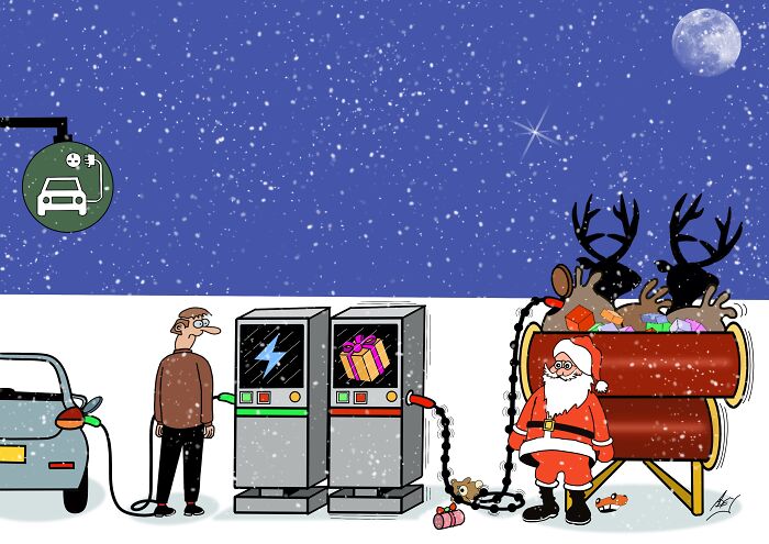 Electric car charging station next to a man, while Santa and reindeer deliver colorful Christmas presents at night.