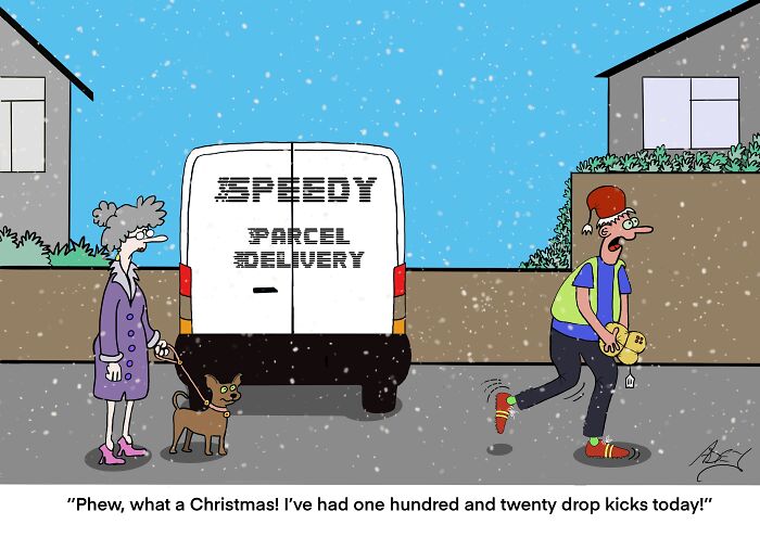 Cartoon of a Christmas delivery man limping after many drop kicks, showing the funny side of holiday parcel deliveries.