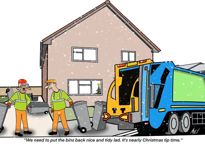 Two cartoon garbage collectors in Christmas hats with bins near a garbage truck in winter, showing funny Christmas cartoons.