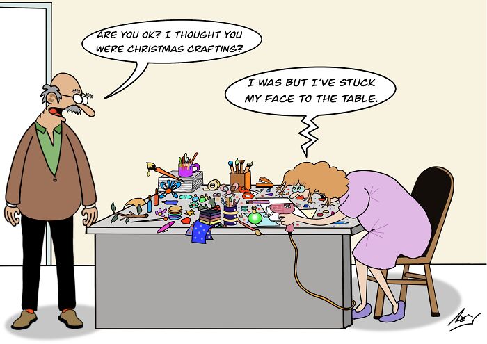 A funny Christmas cartoon showing a woman stuck to a table while doing holiday crafting, highlighting holiday humor.