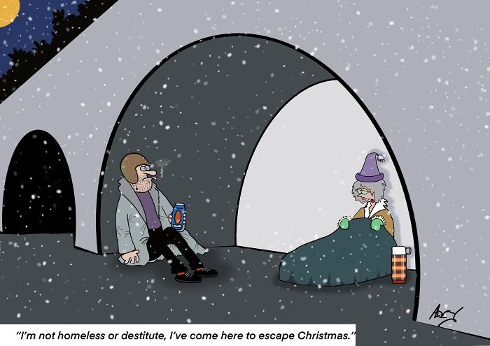 Two people in a snowy Christmas cartoon scene, showing the funny side of the holidays with humor in an igloo.