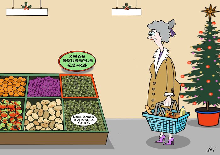 Cartoon of a woman shopping for Xmas Brussels sprouts with a decorated Christmas tree nearby, showing holiday humor.