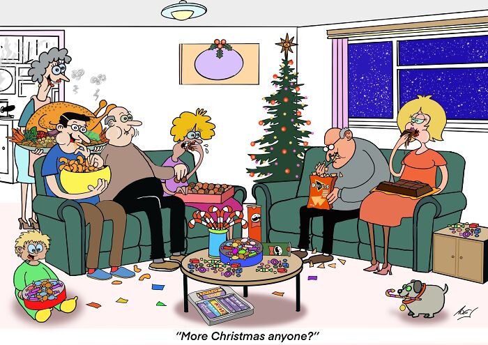 Family eating snacks in a living room with a decorated Christmas tree, illustrating funny Christmas cartoons and holiday humor.