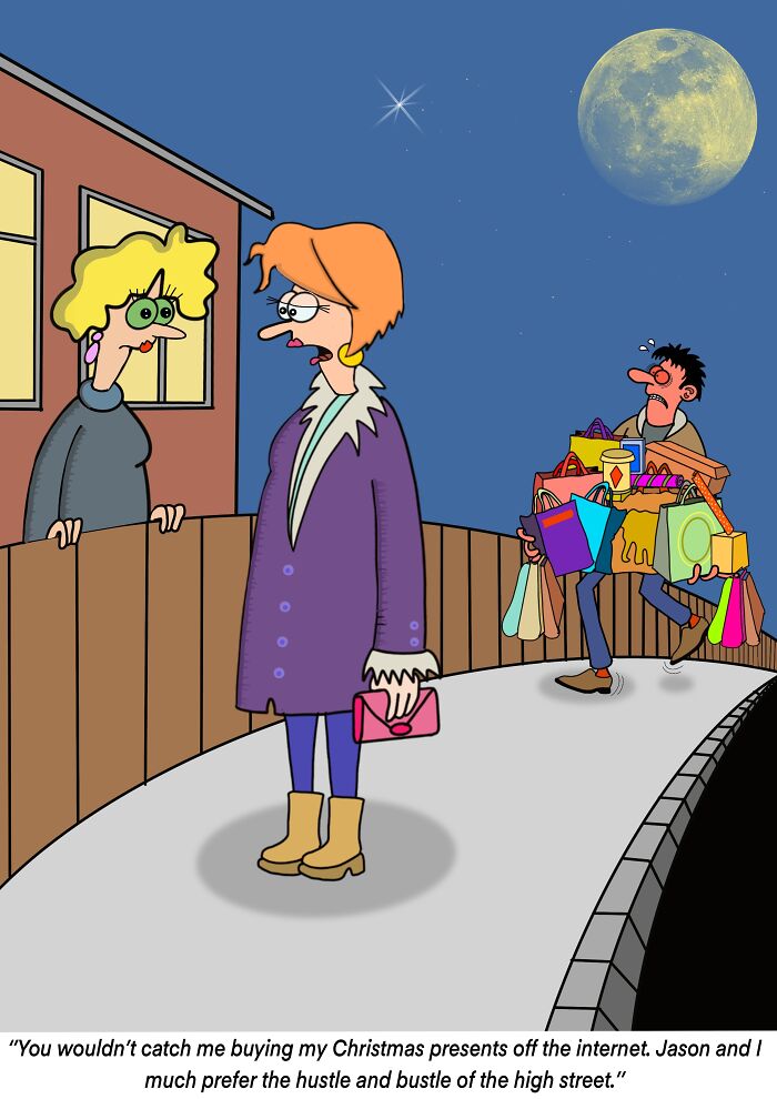 Cartoon showing the funny side of Christmas with a man struggling carrying many holiday shopping bags at night.