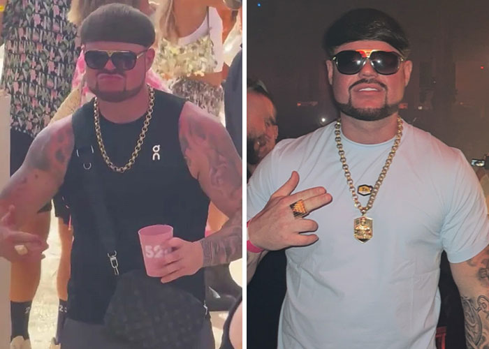 Two men wearing Halloween costumes inspired by this year’s wildest viral moments, with gold chains and sunglasses.