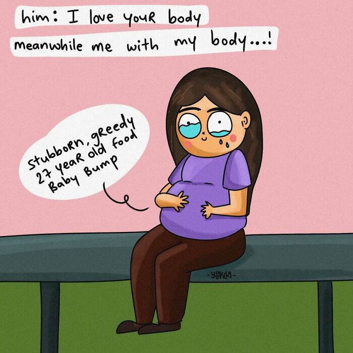 Comic showing a woman crying over her body worries, illustrating everyday struggles of modern life in relatable art.