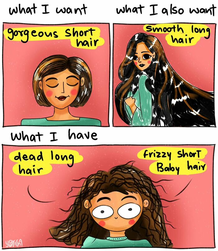 Comic illustrating relatable everyday struggles with hair length and texture in modern life by an artist.