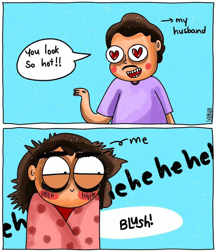 Comic panel showing the everyday struggles of modern life with a husband complimenting his blushing wife in a relatable scene.