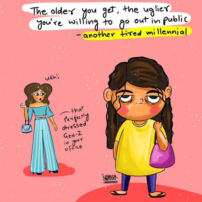 Illustration from relatable comics capturing the everyday struggles of modern life with tired millennial and Gen-Z characters.