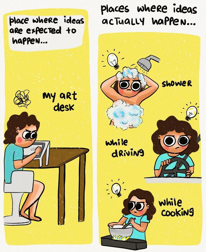 Cartoon showing everyday struggles of modern life with ideas coming during shower, driving, and cooking, not at the art desk.